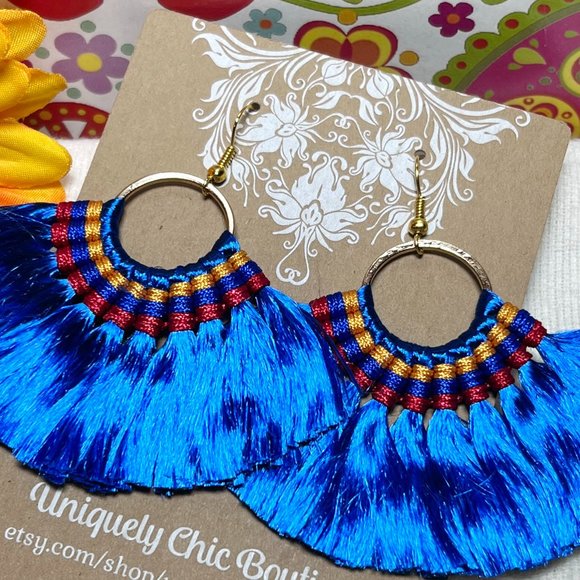 Med Fan Tassel Earrings Blue Hoops Smooth Shiny Silky Fringe Drop Dangles NWT - Picture 2 of 4